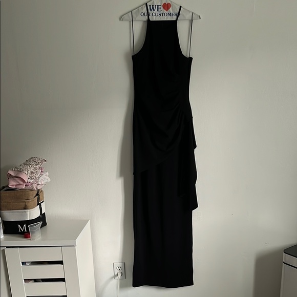 Badgley Mishka Black Halter, Ruched Side Slit Evening Gown - Picture 2 of 13